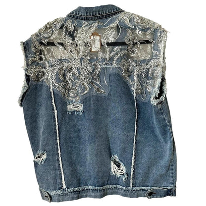 Blue Embellished Denim Vest