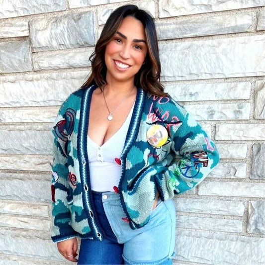 World Peace Camo Heart Button Cardigan