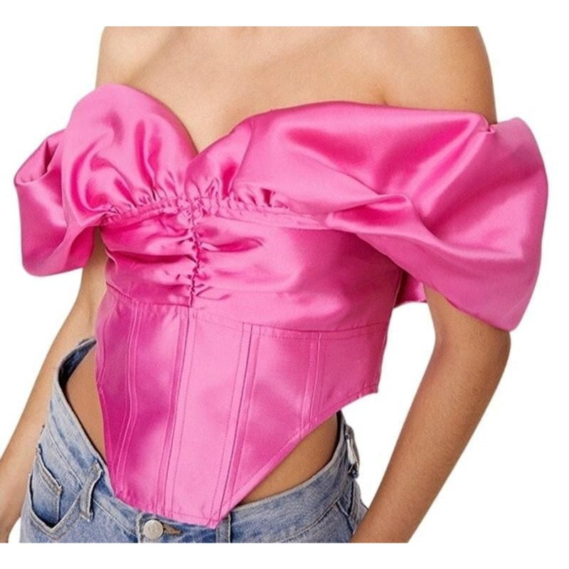 Satin Twill Bardot Puff Sleeve Corset Top – Pink