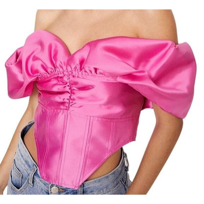 Satin Twill Bardot Puff Sleeve Corset Top – Pink