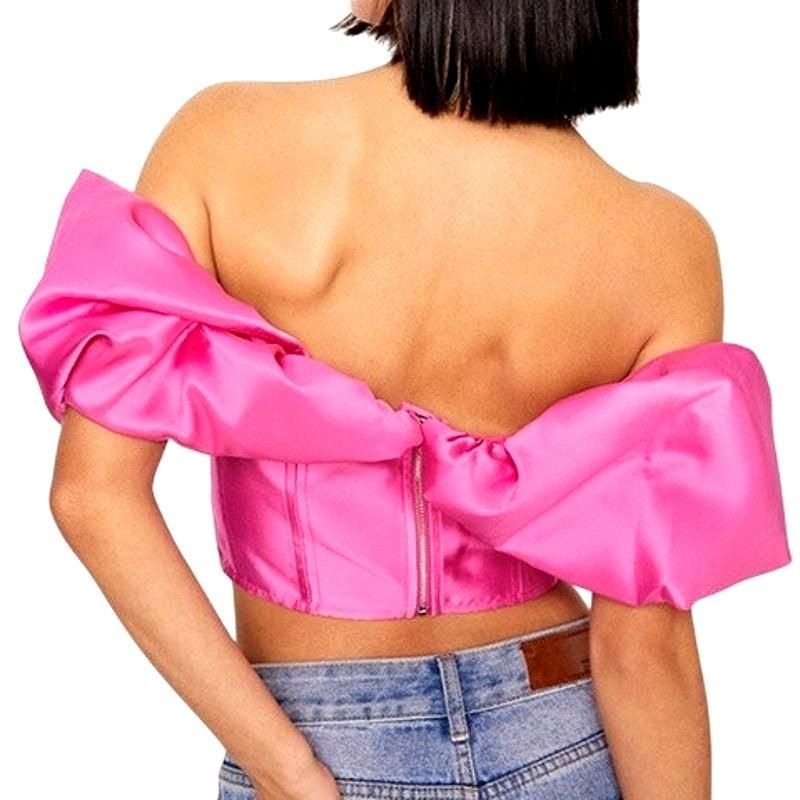 Satin Twill Bardot Puff Sleeve Corset Top – Pink