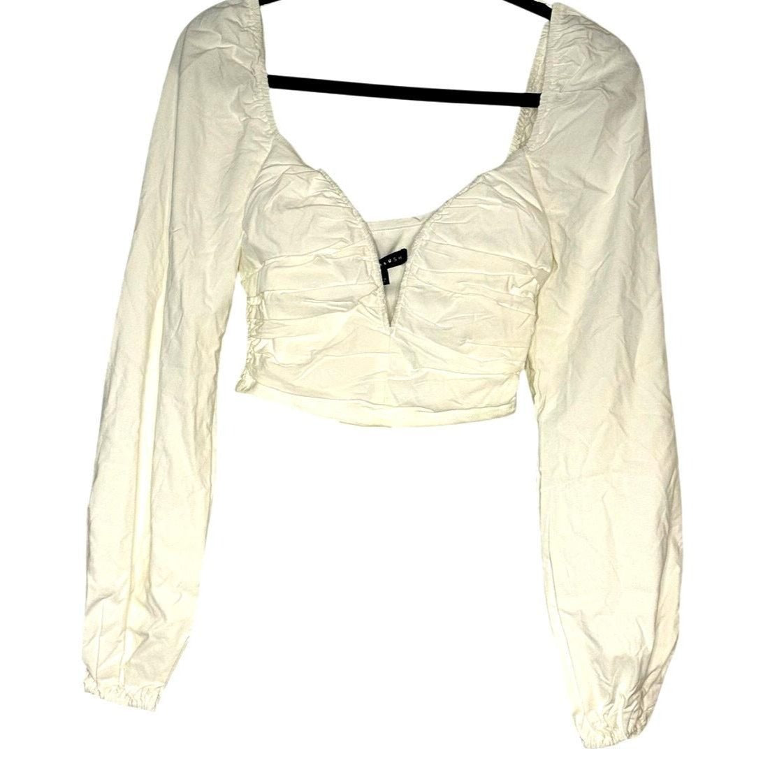 Ruched Front Long Sleeve Crop Top – White