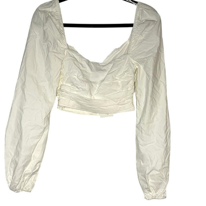 Ruched Front Long Sleeve Crop Top – White