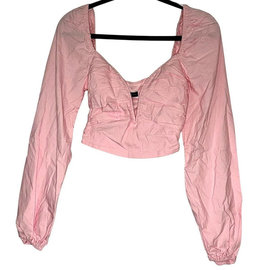 Ruched Front Long Sleeve Crop Top – Pink