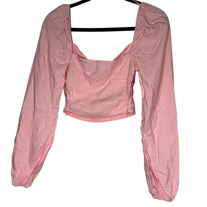 Ruched Front Long Sleeve Crop Top – Pink