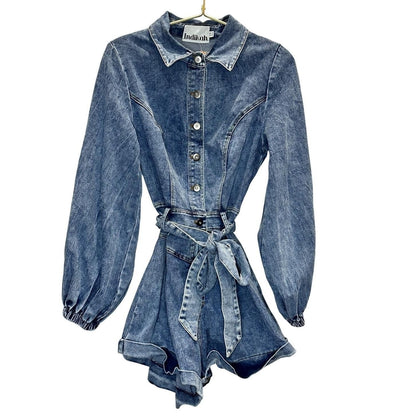 Long Sleeve Denim Romper – Medium Wash